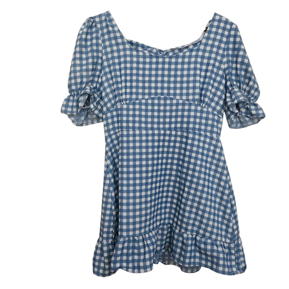 Parisian Gingham Dress Womens 10 Blue White Puff Sleeve Tie Back Ruffle Hem Mini